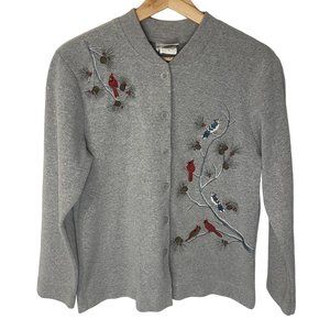 Vintage Bonworth Cardinal Bird Print Grandma Sweatshirt Cardigan Women S Gray